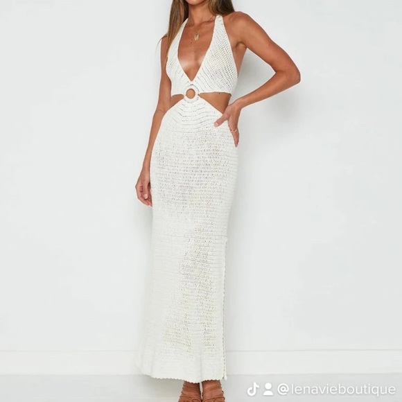 Lena Vie Knitted Maxi Coverup Dress In White With Cut Out Details & Low Back - Picture 6 of 14